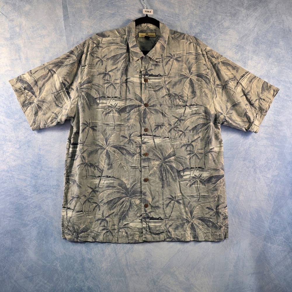Tommy Bahama Mens Silk‎ Palm Tree Camp Shirt Blue Grey Short Sleeve Size Medium